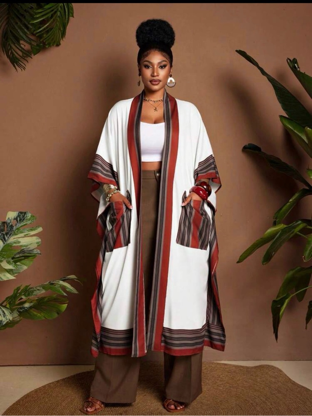 Long Open-Front Duster Kimono in White with Rust & Brown Trim